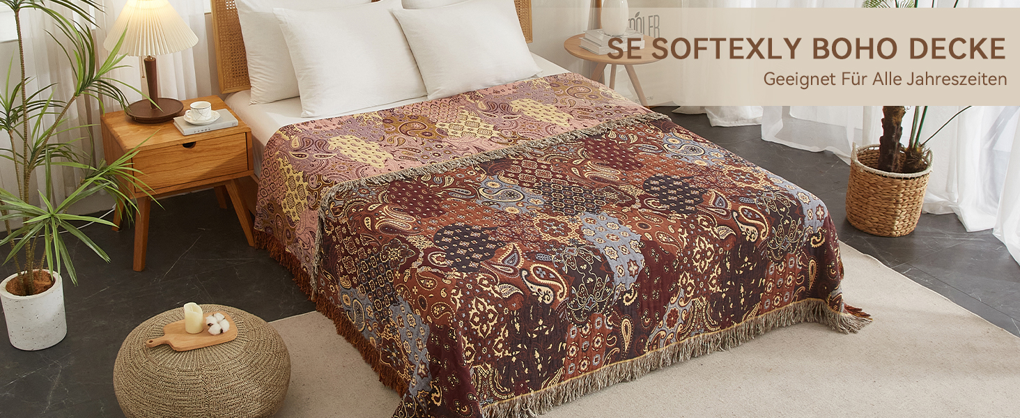 Плед Boho Softexly з 100% бавовни – двосторонній мусліновий плед 150x200 см, м'який плед на диван та ковдра на ліжко, естетичний дизайн, ідеально для вітальні та спальні, помаранчево/блакитний (150 x 200 см, візерунок Пайслі)