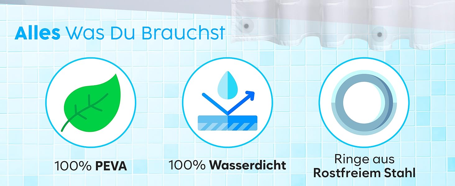 Прозорий душовий завіс ZENO 180x180 см - водонепроникний, з металевими люверсами та магнітами