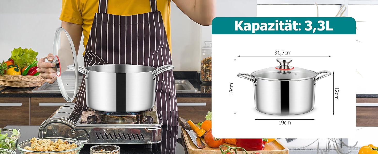 Каструля Homikit 20 см, 3.3 л, нержавіюча сталь з тришаровим дном, з кришкою з термостійкого скла, для всіх типів плит, не має покриття, здорове приготування, можна мити в посудомийній машині
