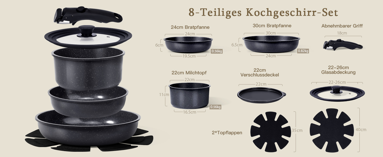 Набір посуду Induktion GiPP 8 предметів: сковороди, каструлі з кришками, антипригарне покриття, знімні ручки, чорний