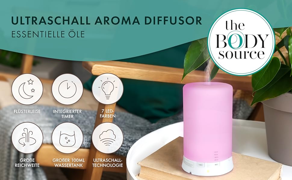 Ультразвуковий аромадифузор The Body Source - зволожувач повітря з 7 кольорами LED-підсвічуванням та таймером. Електрична аромалампа для ефірних олій. Ароматерапія для дому, офісу, спа. Об'єм 100 мл