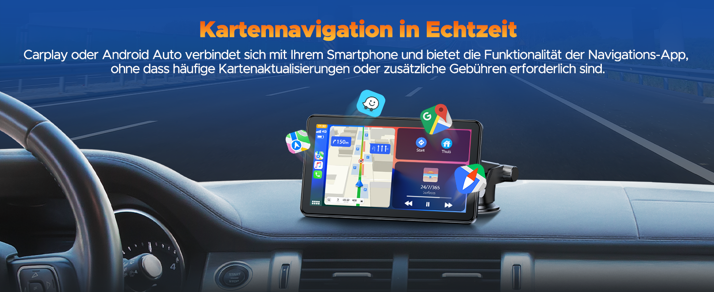 Volam Бездротовий CarPlay/Android Auto дисплей 7 дюймів, сенсорний екран, Mirror Link, навігація, музика, Siri, Google Асистент, Bluetooth 5.0, AUX, FM