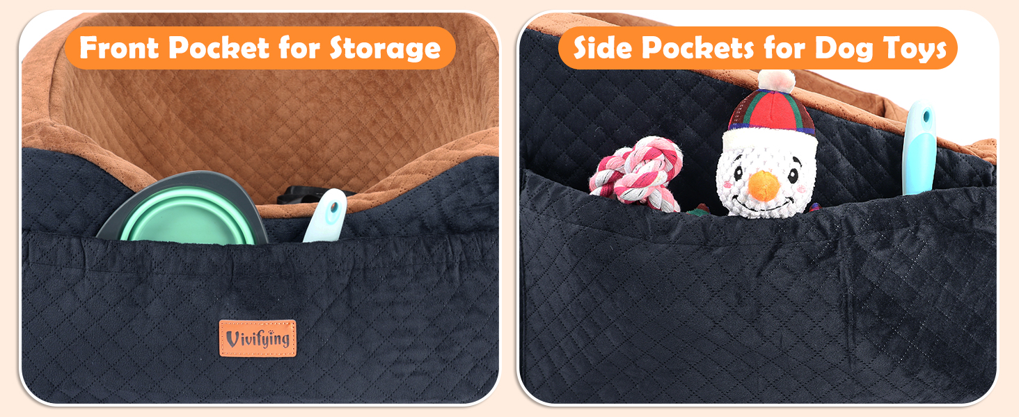 Elevated Dog Car Seat - Washable & Removable for Small & Medium Dogs (Up to 13.6KG) with Storage Pockets & Safety Belt - Black & Brown
