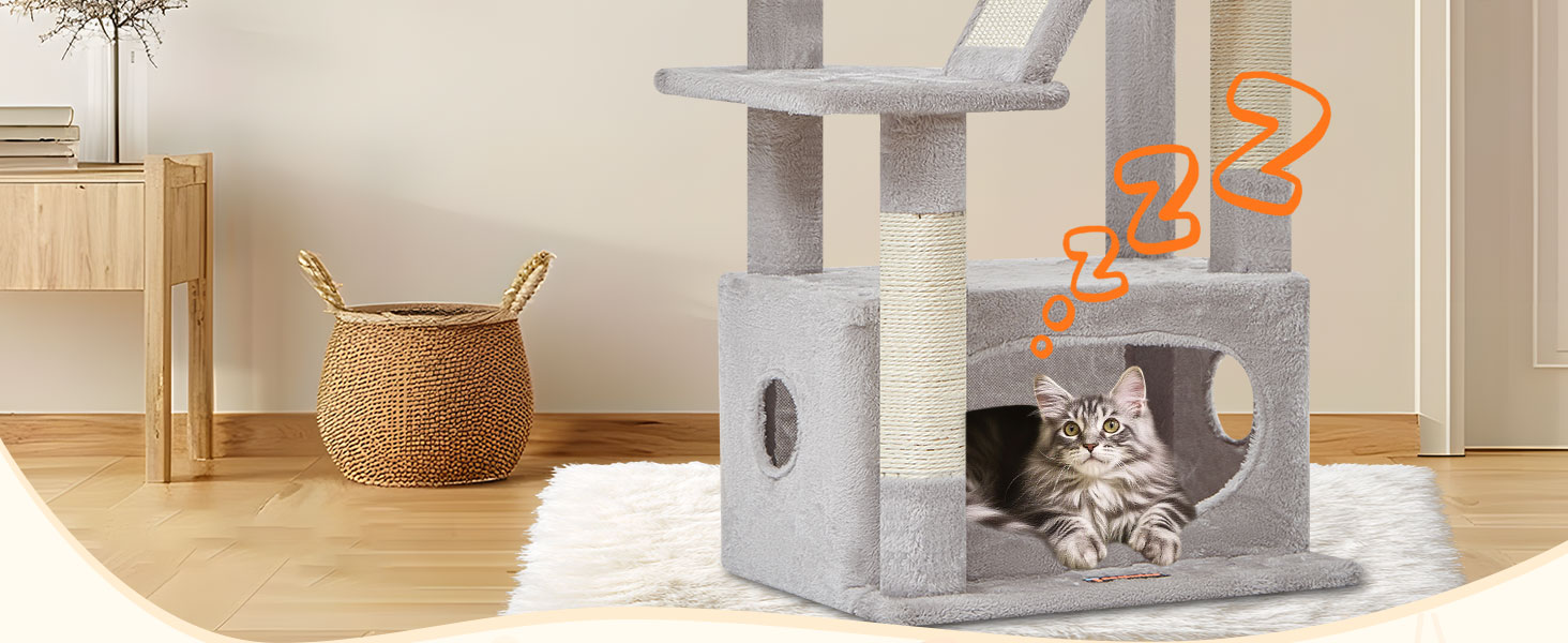 Котячий будиночок Taoqimiao з когтеточкою, 98 см, сірий. Когтеточка для котів, кігтеточка-дерево з будиночком, кошиком, 4 когтеточками та іграшками. MS029SW