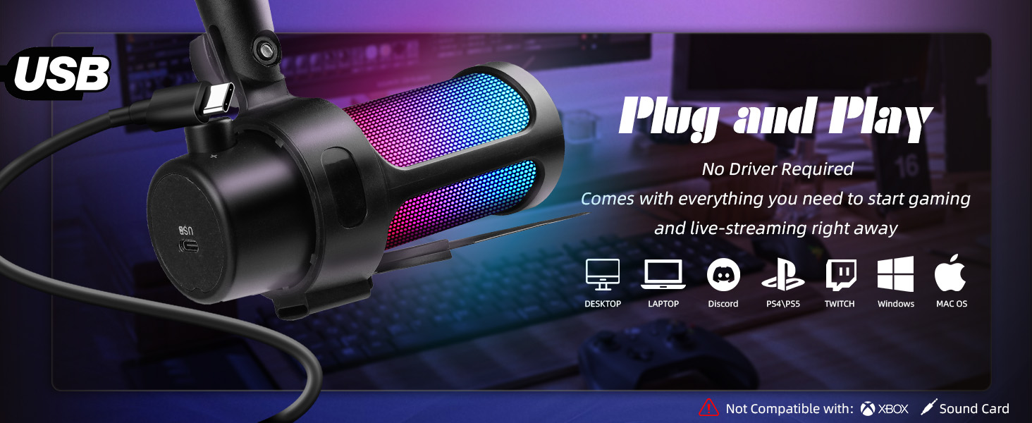 VCOM Gaming Мікрофон з тримачем, USB мікрофон з RGB підсвіткою, поп-фільтром, кнопкою Mute для ПК, подкастів, стрімінгу, YouTube, Mac, PS4, PS5