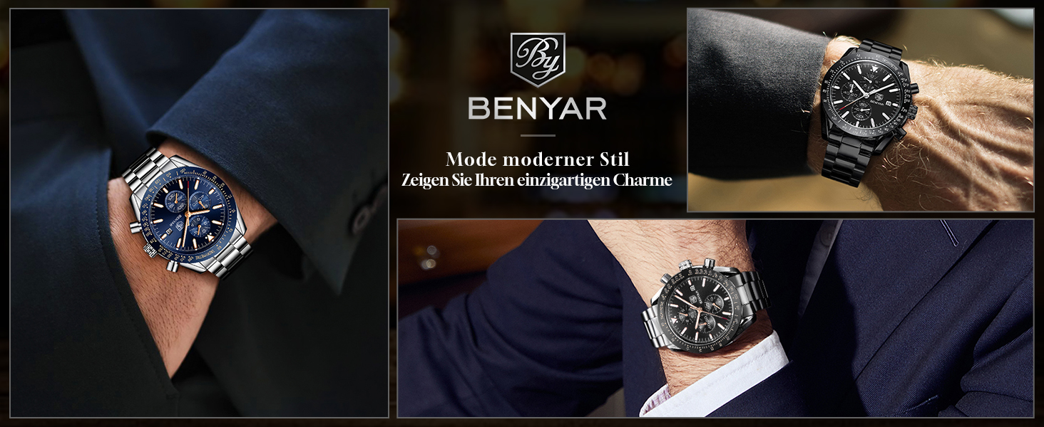 Годинник чоловічий BENYAR Quarz Chronograph, водонепроникний, з датою, світлодіодний дисплей, стильний, для повсякденного та ділового стилю, класичний дизайн, синій колір, ідеальний подарунок для чоловіків