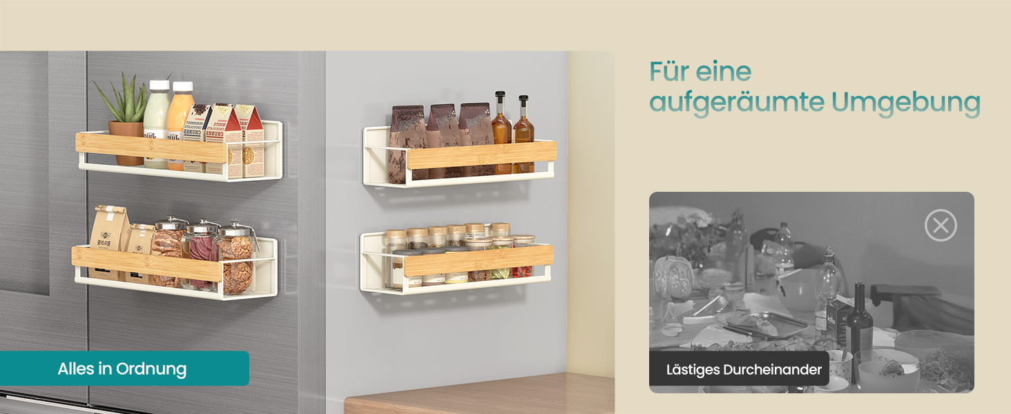 Магнітна полиця для спецій SONGMICS, 4 шт., 2 великі та 2 малі, без свердління, для кухні, холодильника, мікрохвильової печі, пральної машини, KCS061B01 (кремово-білий + натуральний бежевий, сталь + бамбук)