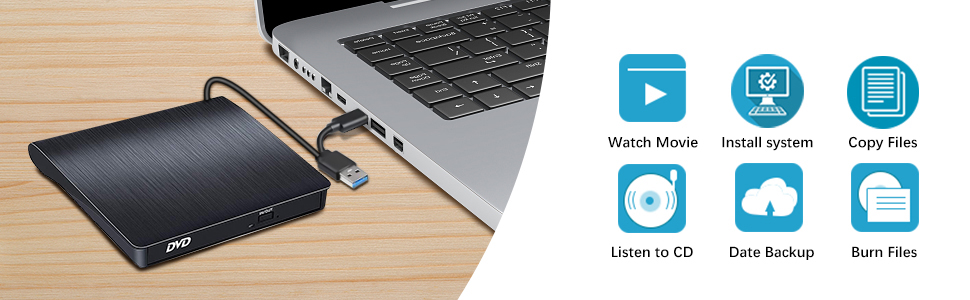Зовнішній CD/DVD привід BEVA USB 3.0 Type-C, портативний DVD-записувач та зчитувач (DVD/CD-RW), Plug and Play для ноутбука та ПК (Windows, macOS, Linux)