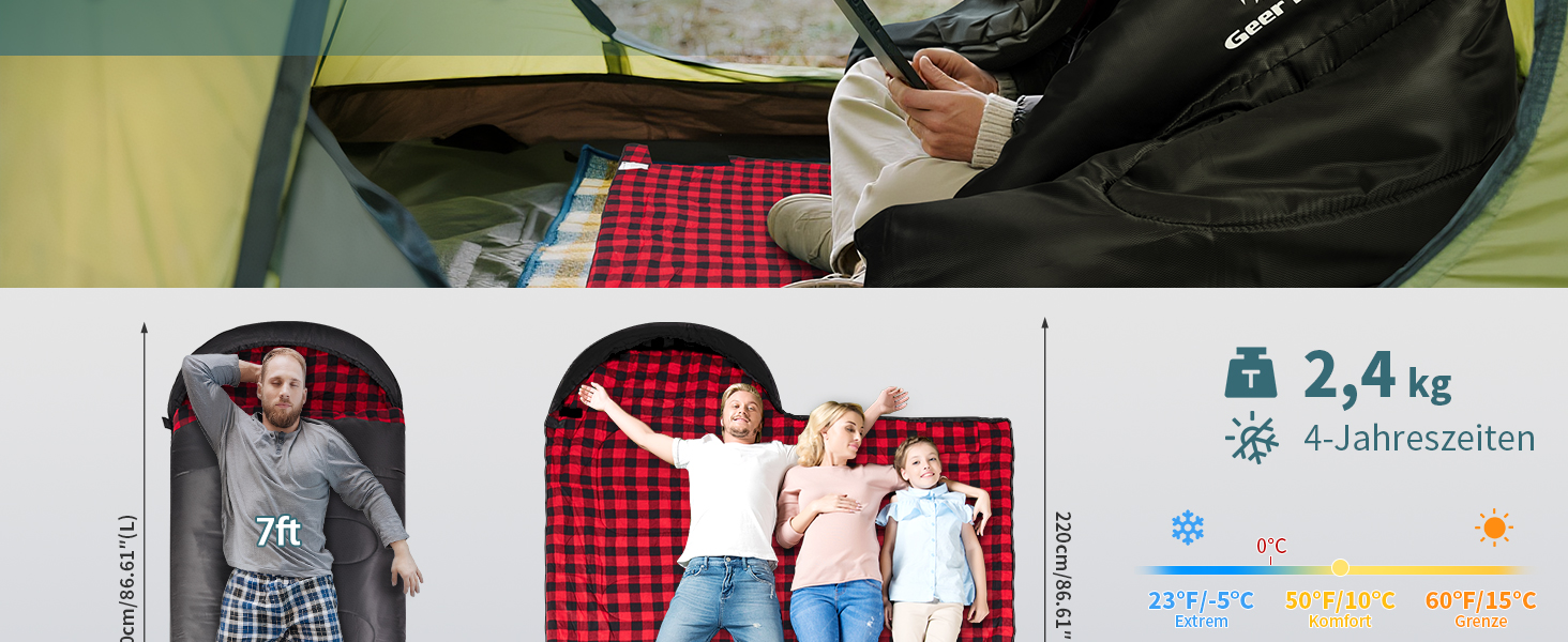 Сплячий мішок GEERTOP XXL для 4 сезонів, фланелевий, 220x100 см, для дорослих, кемпінг, подорожі, піші прогулянки (чорний з червоною клітинкою)