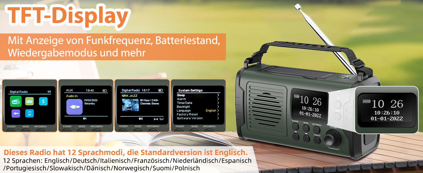 Радіо на механічному заводі DAB+ FM 20000mAh, Аварійне радіо DAB+ з сонячною панеллю та Bluetooth, Радіоліхтарик з зарядкою для телефону та компасом для виживання (Зелений)