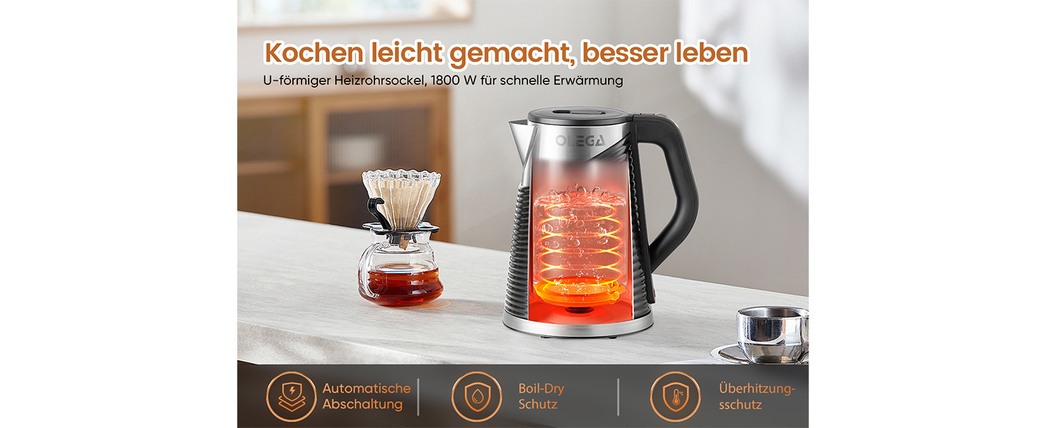 Електричний чайник OLEGA 1.8 л, 1800 Вт, швидкий нагрів, чорний, BPA Free