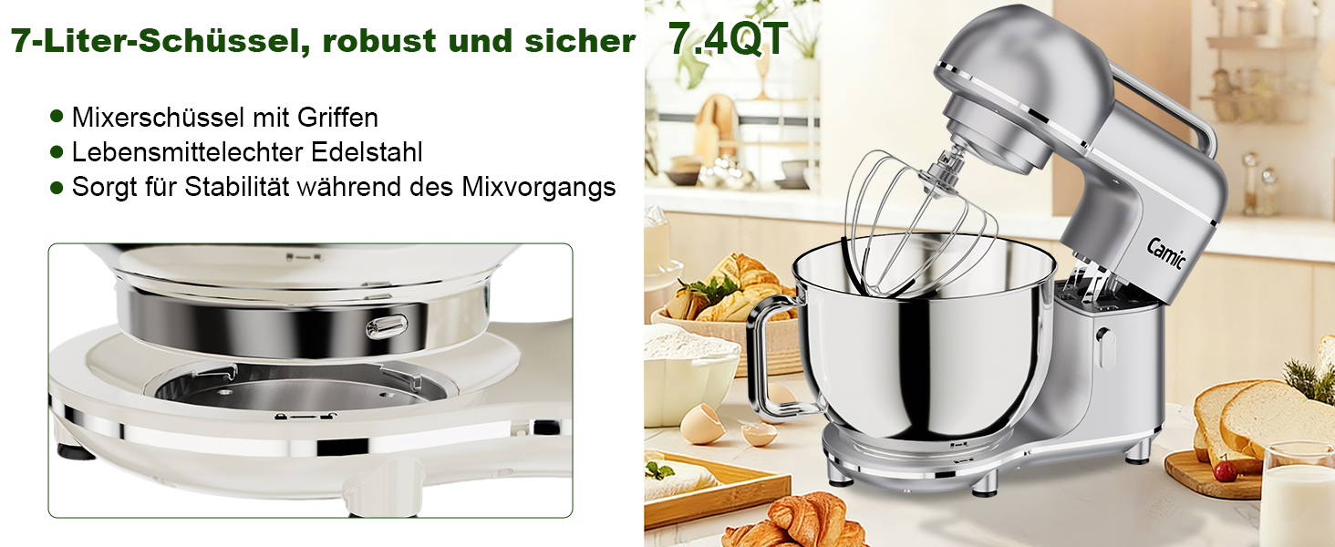 Кухонна машина Camic 2000W: планетарний міксер з чашею з нержавіючої сталі 7л, 10 швидкостями, набором насадок та захистом від бризок, сріблястий