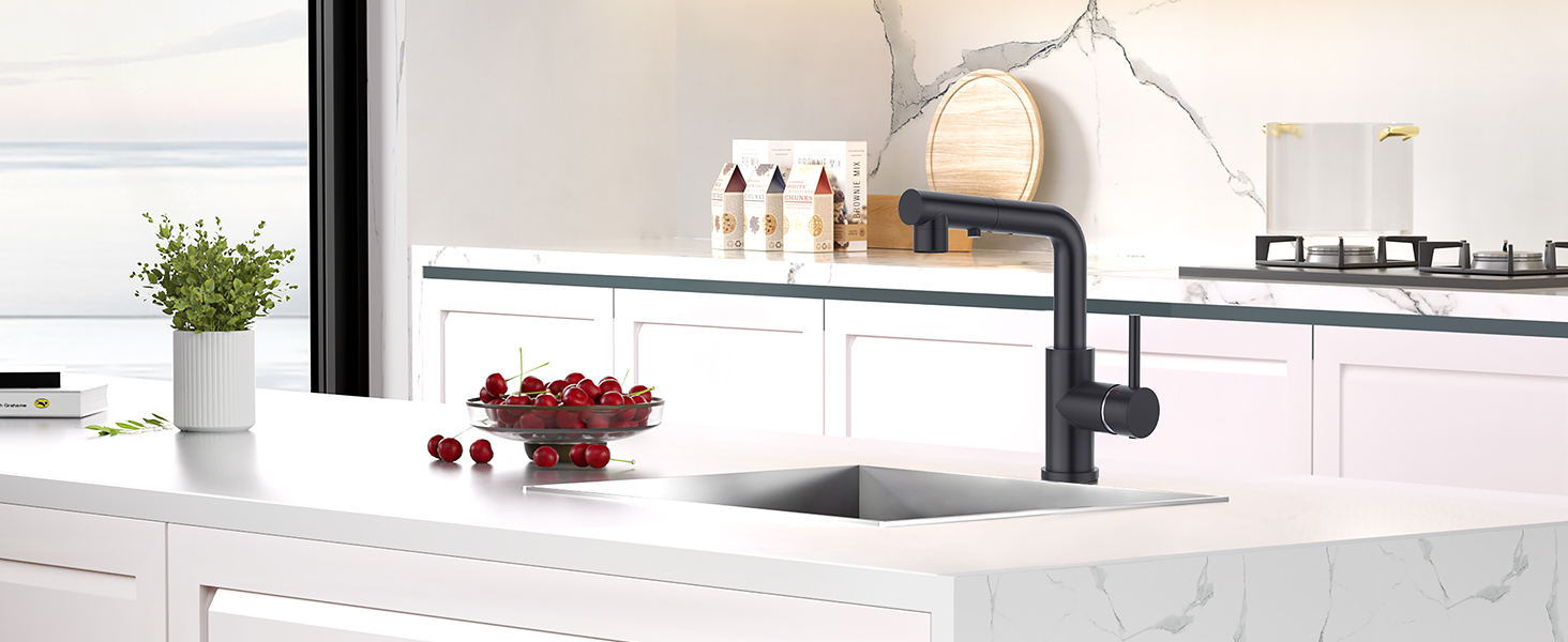Кухонний змішувач CREA з 3 функціями: душ, висувний вилив, поворот 360°. Матовий чорний, для кухні.