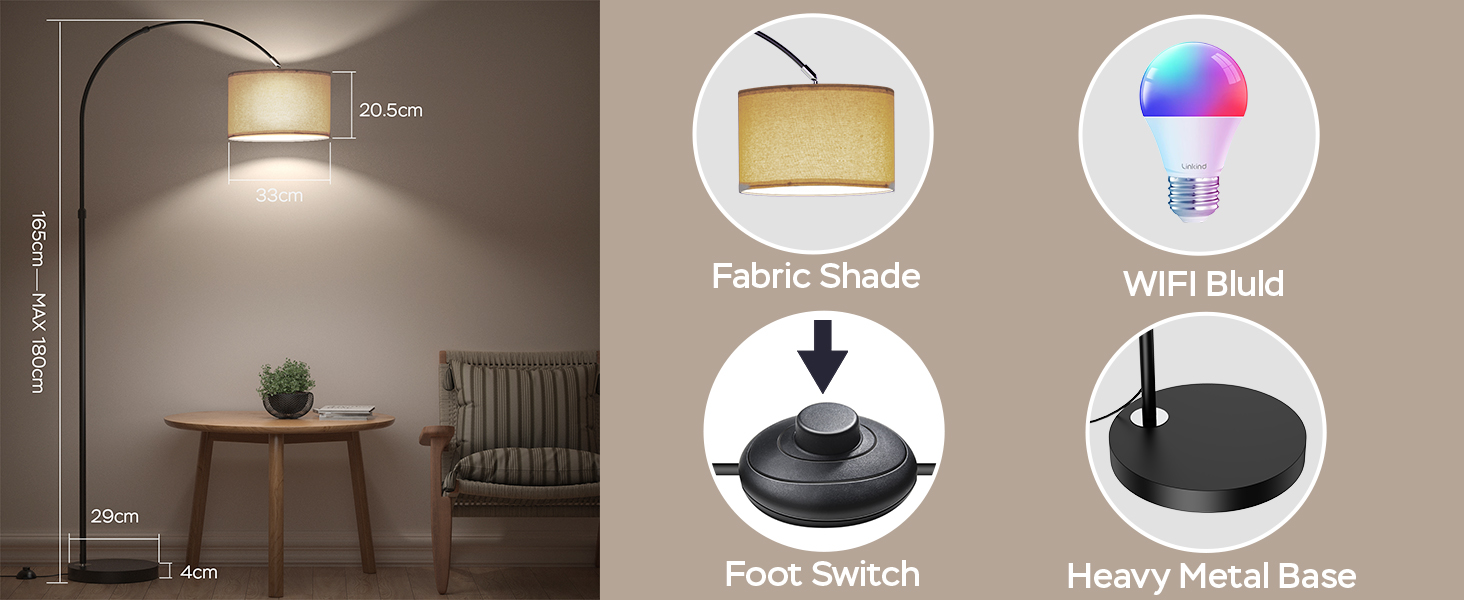 Торшер для вітальні JASMIN I з LED E27, тканинний абажур 33 см, вимикач на нозі, вінтажний стиль, підходить для спальні, готелю (льон-rgb)