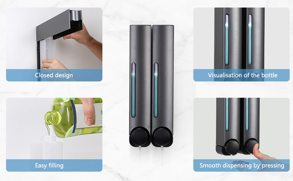 Набір дозаторів для мила та гелю для душу на стіну (2 шт, 380 мл, сірий)