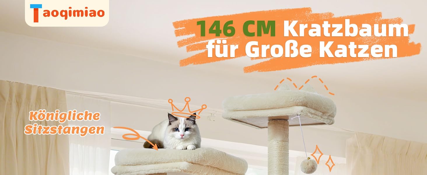 Дерев'яний кігтеточки для котів Taoqimiao MS026W, великий, бежевий (146 см) з 2 будиночками, гамаком та 8 стовпчиками для заточування кігтів