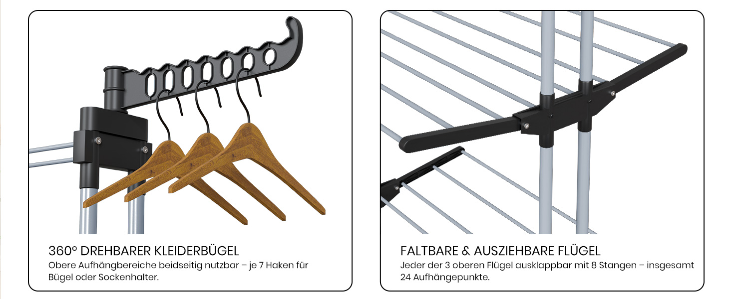 Сушарка для білизни Oak & Tea Turm, 83-200см, XXL, на колесах, 4 яруси, для дому та вулиці (Чорний)