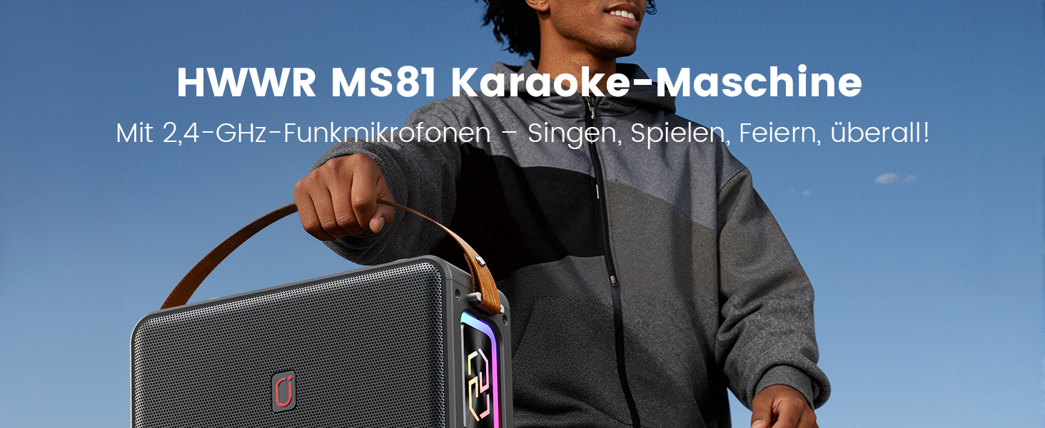 Караоке-система HWWR MS81 з 2 мікрофонами Bluetooth 5.3, підтримка USB/TF-карти/AUX, функція запису, для дому та вечірок, чорний колір