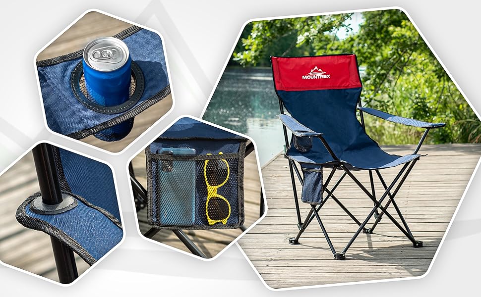 Крісло для кемпінгу MOUNTREX складне (до 120 кг) - регульовані підлокітники, для риболовлі, пляжного відпочинку, компактне та легке, з підстаканником та сумкою, чорне
