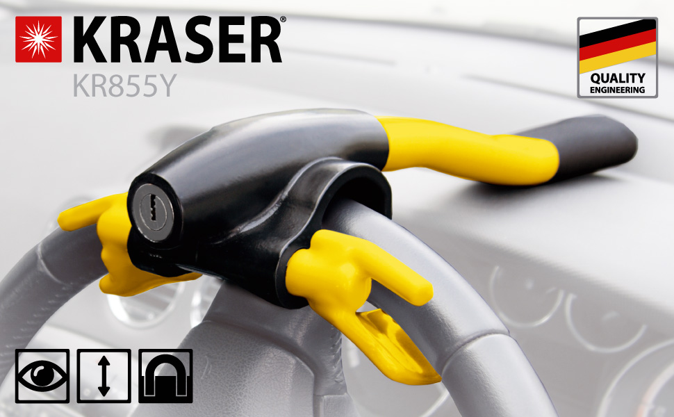 Протиугінний замок на кермо KRASER KR855Y, висока безпека, універсальна блокіратор керма для авто, автодімів та легкових автомобілів