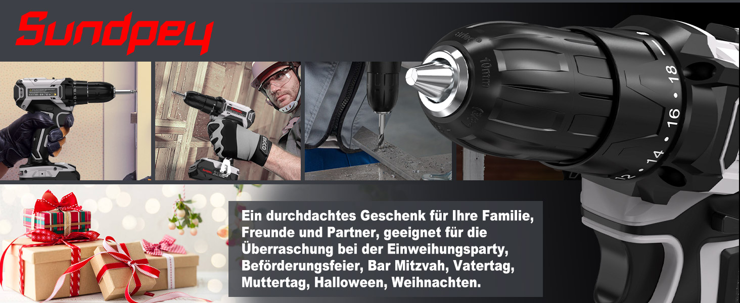 Акумуляторний шуруповерт Sundpey Set: 2 акумулятори 2.0Ah, 21V, 1500 об/хв, 45Nm, 18+1 режим, LED, 10мм патрон - для ремонту та DIY