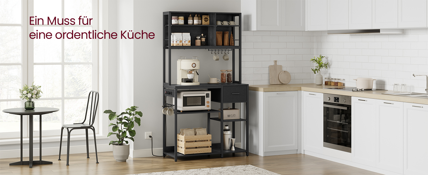 Стелаж кухонний VASAGLE з розетками, 40 x 100 x 180.4 см, з регульованими полицями, ящик з тканини, 12 гачків, антрацит-чорний