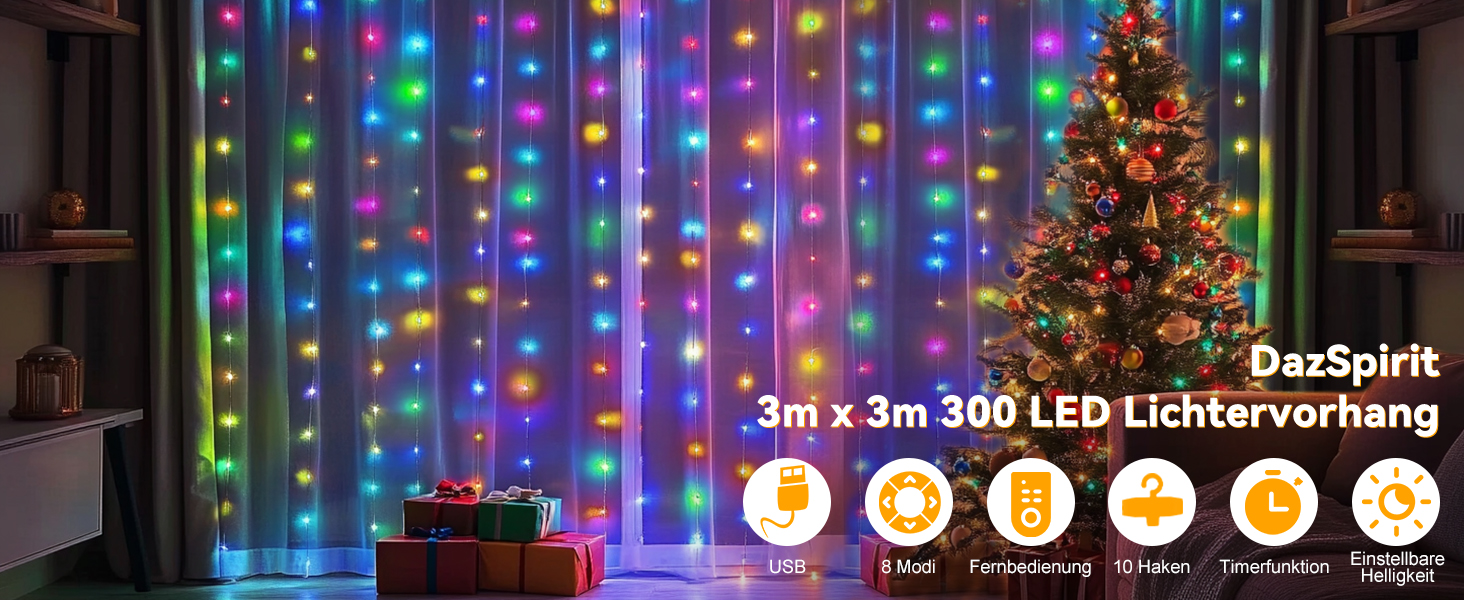 Льодосвітна завіса 3Mx3M з 300 LED, USB, 8 режимів, пульт, таймер, вологостійка, для декору вечірок, свят, спальні (біла, кольорова)