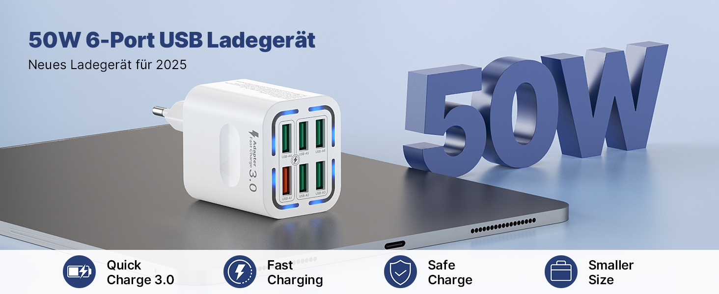 Зарядний пристрій USB 6-портовий, 33W, адаптер з QC 3.0, багатопортовий зарядний пристрій, мережевий адаптер для iPhone 16 15 14 13 12 11 Pro Max, iPad, мобільний телефон, білий