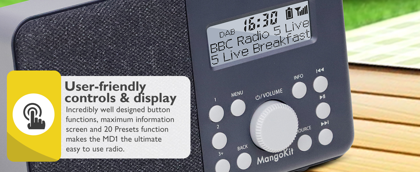 Портативне радіо MD3 DAB/DAB+/FM з Bluetooth, динамік, навушники, 40 станцій, годинник, будильник, таймер, кольоровий дисплей, акумулятор/мережа (Чорний/Сірий)