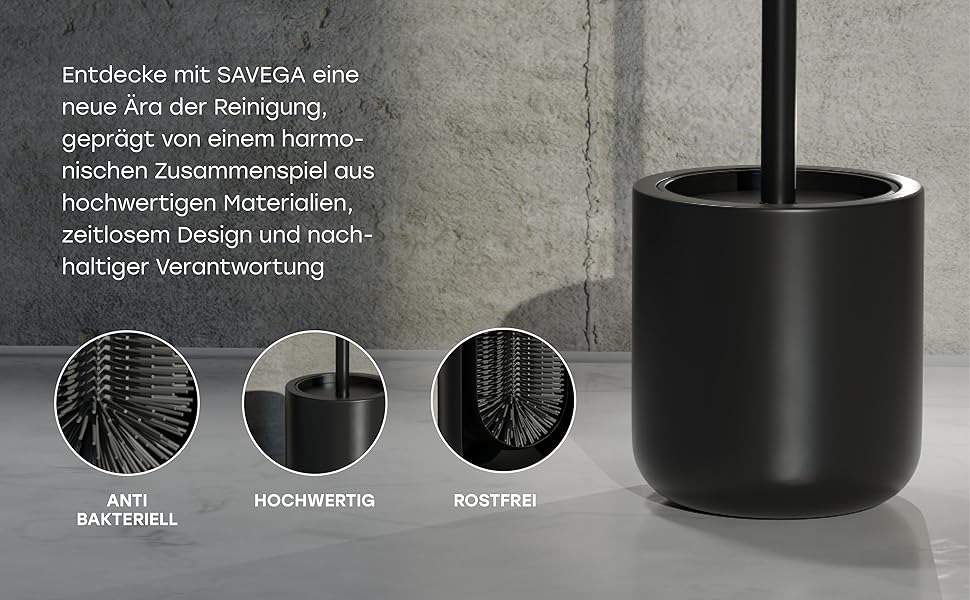 Набір для туалету Savega: щітка для унітазу з нержавіючої сталі та силікону з антибактеріальною насадкою та тримачем (чорний)