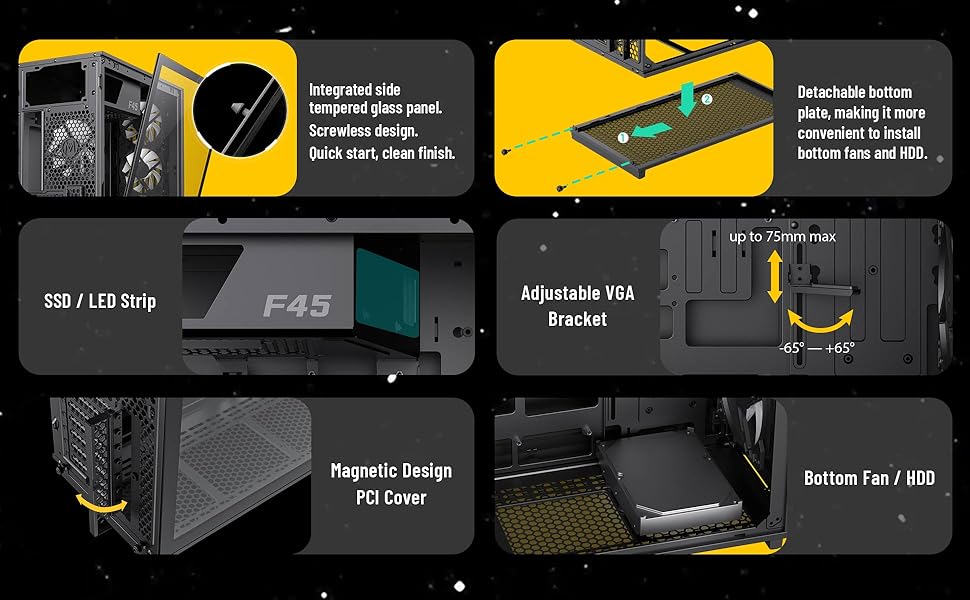 Корпус ПК GAMEMAX F45 Mid-Tower чорного кольору з дерев'яним декором, 4x ARGB PWM вентилятори, сумісний з BTF материнськими платами, скляна бічна панель, для геймінгу