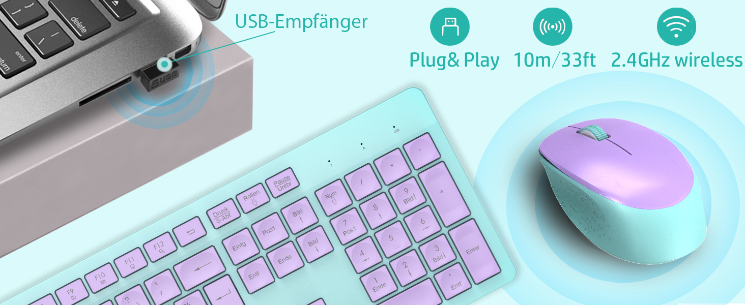 Бездротовий комплект клавіатури та миші Leadsail K786 з цифровою клавіатурою QWERTZ (німецька) - тиха клавіатура, 2.4 GHz, USB Nano приймач для ПК/ноутбука (багатобарвний)