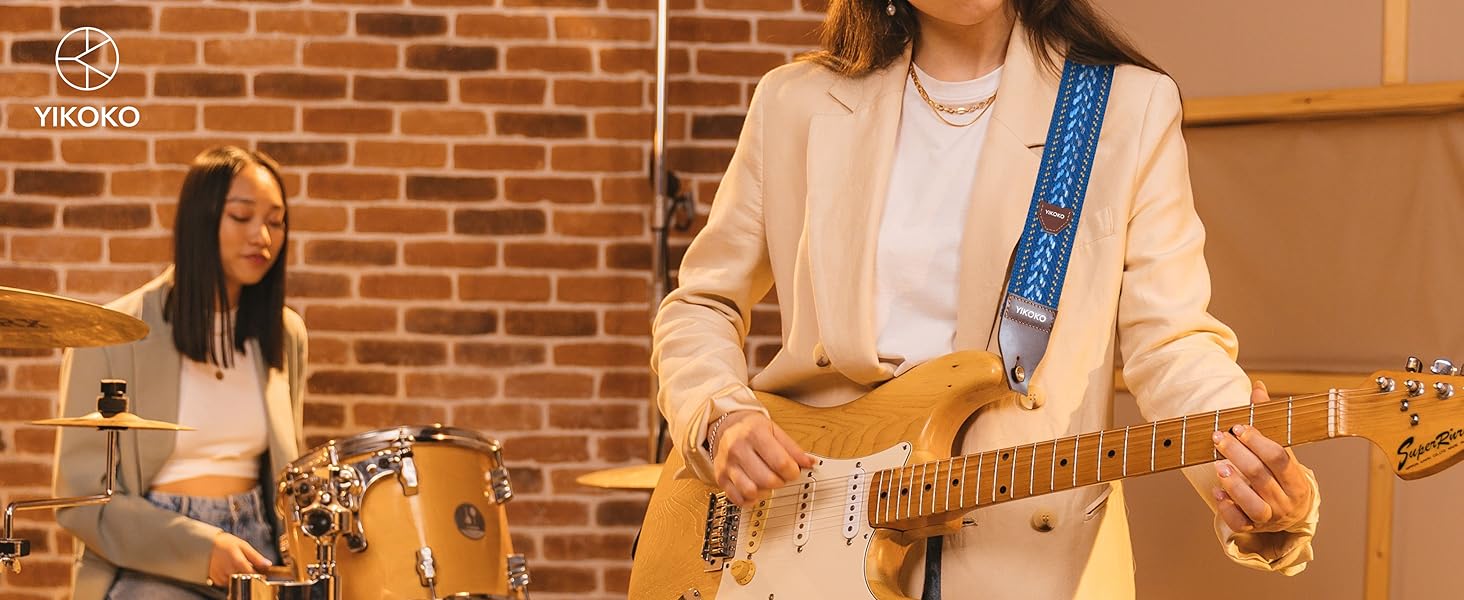 Гітарний ремінь 5,1 см з бавовни з шкіряними кінцями для бас-гітари, електрогітари та акустичної гітари, синій