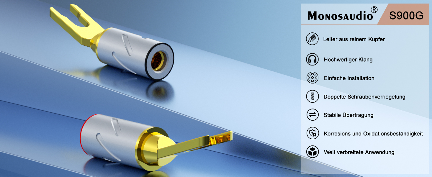 Набір позолочених роз’ємів-шпильок для акустичних кабелів Monosaudio SY1508G, чиста мідь, для кабелів 8-20AWG (до 4мм), 8 шт.