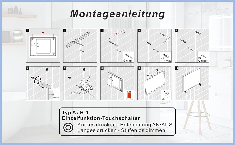 Дзеркало для ванної кімнати AQUABATOS 50x70 см LED з підсвічуванням, сенсорне керування, холодний білий світ, IP44, CE, енергозберігаюче (Bourges-серія)