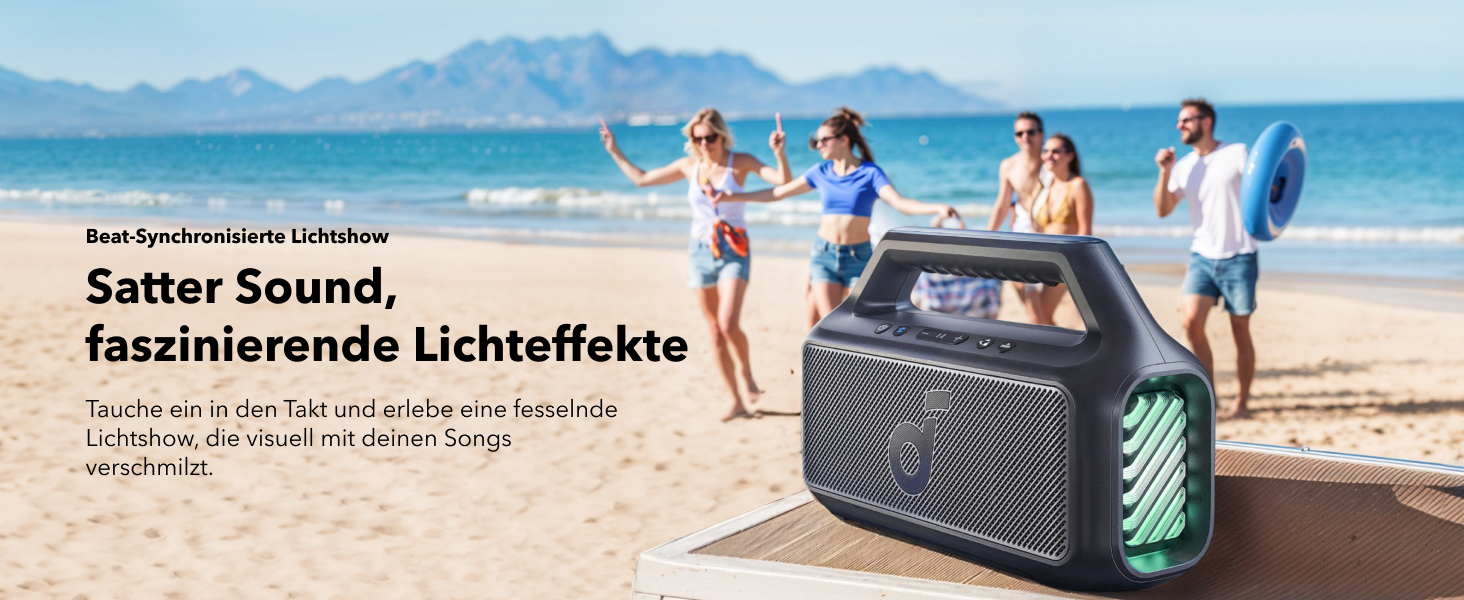 Soundcore Boom 2 - портативна Bluetooth колонка, 80W, сабвуфер, LED, IPX7, USB-C, EQ, BT 5.3, для кемпінгу, пляжу, саду, чорна