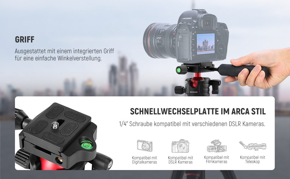 Штатив-монопод NEEWER BASICS TP08 для DSLR та відеокамер, компактний легкий штатив для подорожей з 360° кульковою головкою, Arca-типом швидкої зміни та реверсивною центральною колоною, навантаження до 6 кг