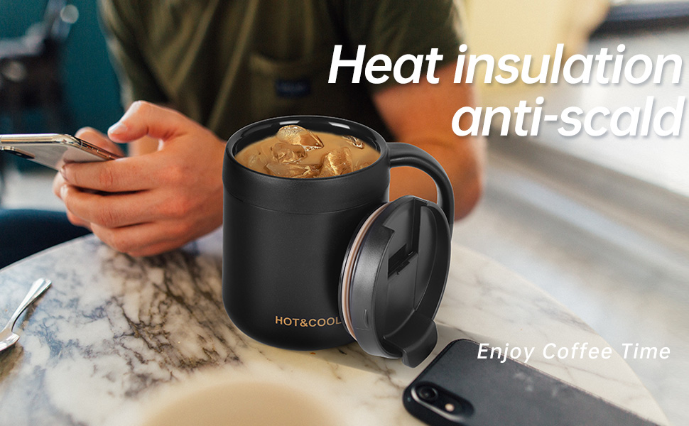 Термокружка з нержавіючої сталі 500 мл з кришкою та ручкою, подвійні стінки, вакуумна ізоляція, для подорожей та кемпінгу (Чорний)