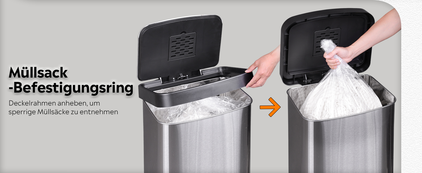 Відро для сміття WLIVE з нержавіючої сталі, 55L, з м'яким закриттям, для кухні, спальні, офісу, срібний