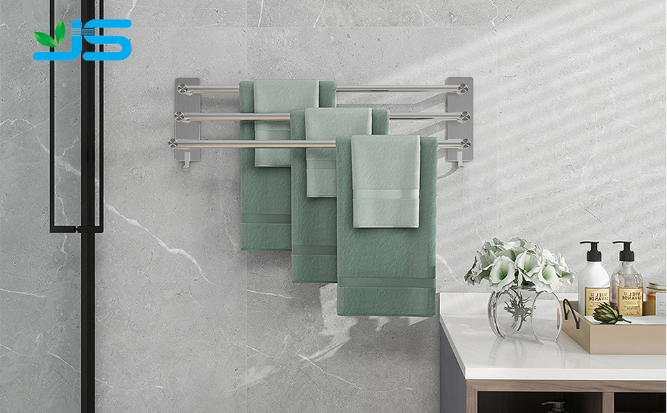 Тримач для рушників на стіну без свердління, SUS304 нержавіюча сталь, 3 стійки, 2 гачки, 60 см, сріблястий