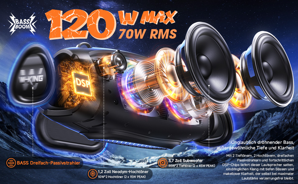 W-KING Bluetooth колонка 120W: Водонепроникна портативна колонка для вечірок з глибоким басом, TF/AUX/EQ, до 42 годин