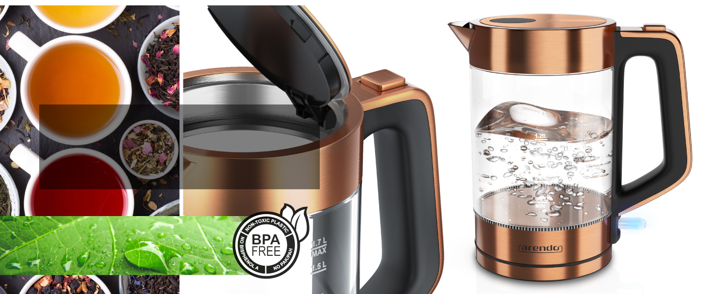 Набір чайник та тостер Arendo Edelstahl Kupfer, 1.7л, 2200W, з підігрівом, 2 Scheiben, 1000W, з підставкою для булок