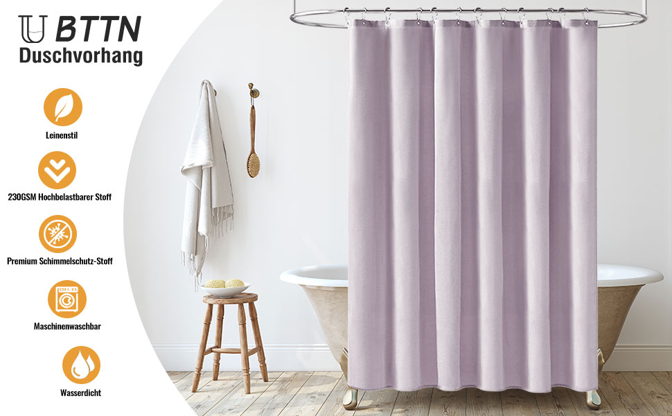 Шторка для душу BTTN, тканинна, 180x200 см, льонова текстура, антигрибкова, миється, текстильна, з 12 гачками, сучасна, водовідштовхувальна, з обтяжувачем, декор, поліестер, кремовий колір (лавандовий, однотонна, H180 x B180 см (упаковка 1)