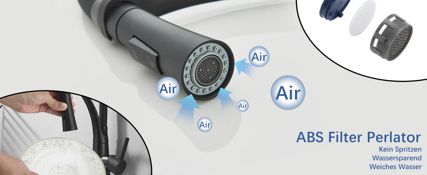 Кухонний змішувач з двома виливами, поворотний 360°, з висувною лійкою, з спіральною пружиною, для мийки, чорний, з матовою обробкою