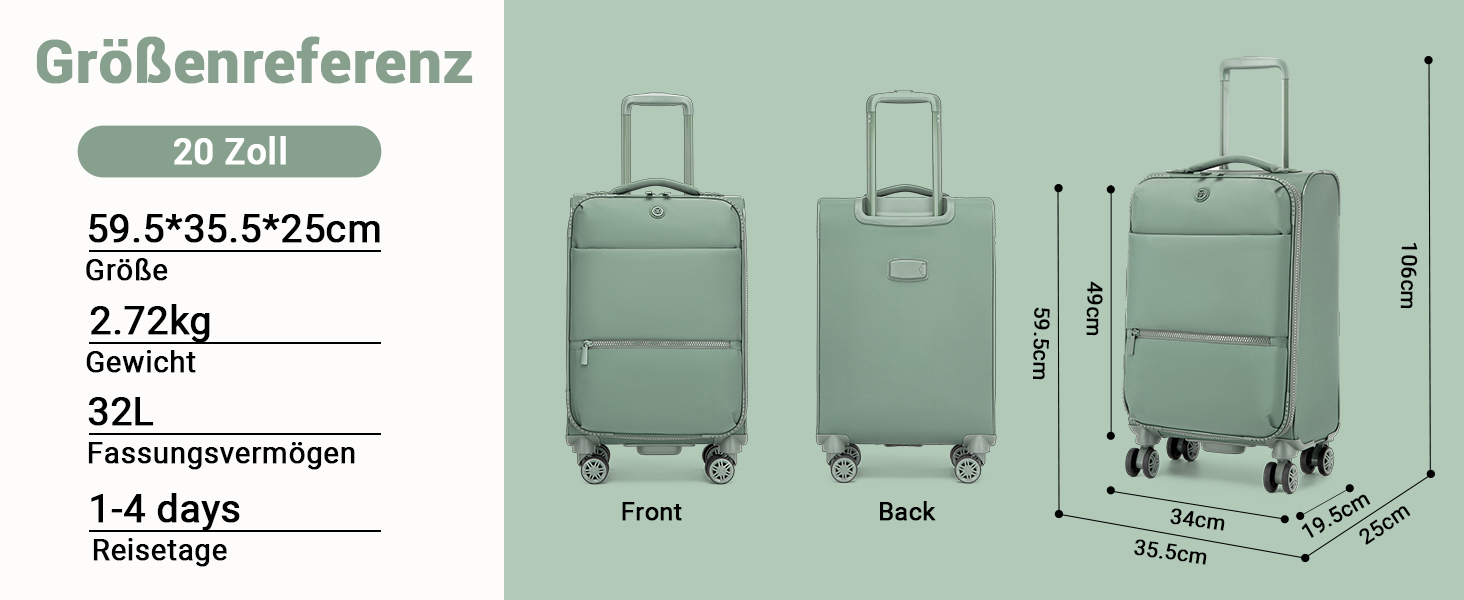 Чемодан Miss Lulu Handgepäck, 59.5 x 36.5 x 25 см, зелений, 32 л, з відділенням для мокрого одягу, на 4 колесах, для подорожей та бізнесу