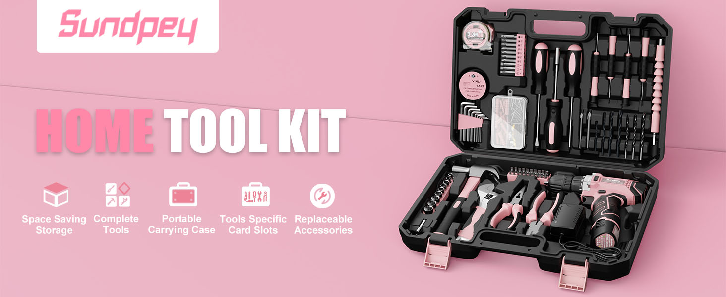 Набір інструментів Sundpey 206tlg з акумуляторною дрилем 12V для ремонту вдома та DIY, рожевий
