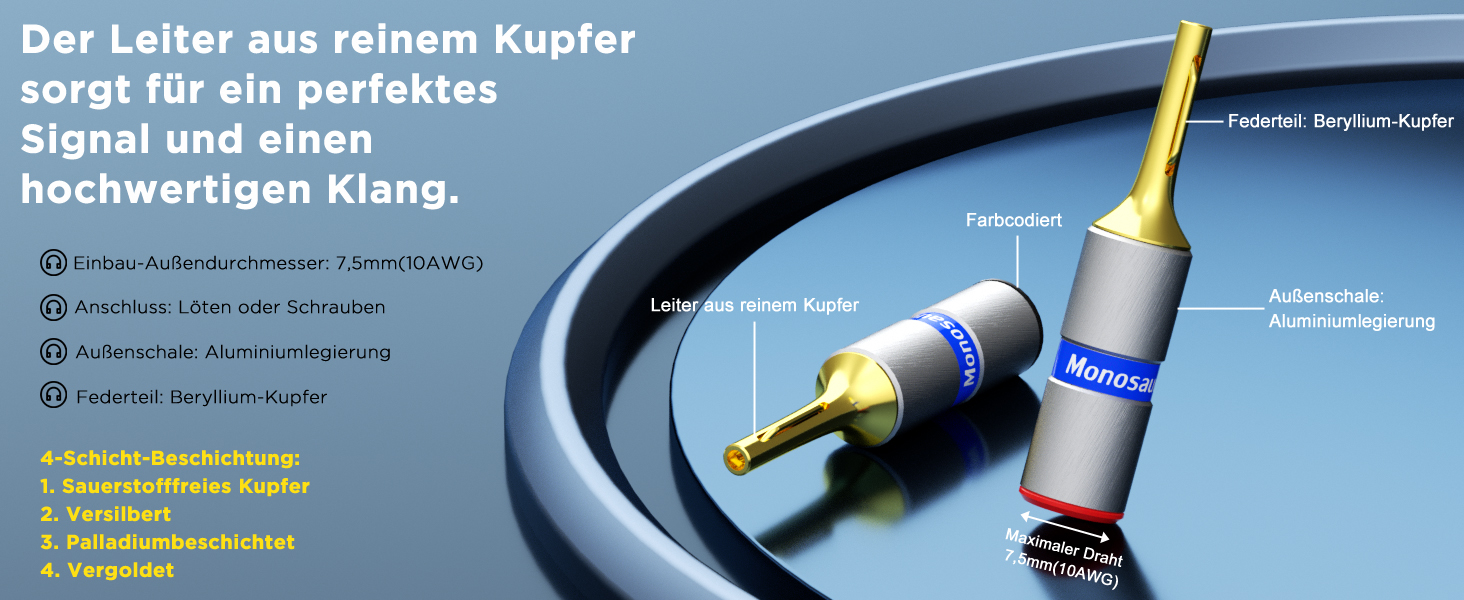 Комплект бананових роз'ємів Monosaudio B806 (8 шт.), позолочені затискачі для акустичних кабелів, домашнього кінотеатру та AV-ресиверів