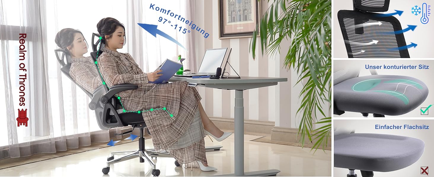 Офісний стіл Realm of Thrones CAPTAIN: ергономічний крісло з міцною сталевою основою, регульованою поперековою підтримкою та дихаючою спинкою (чорний)