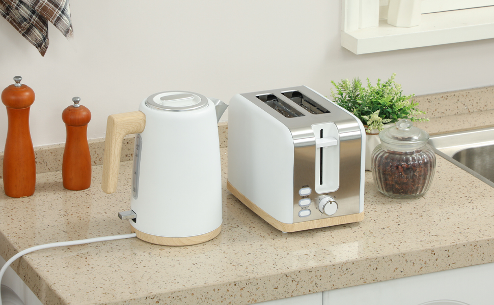 Набір HOMCOM: чайник та тостер 2200W, чайник 1.7 л, тостер на 2 тости, 7 рівнів підсмажування, автовимкнення, захист від сухого кипіння, білий