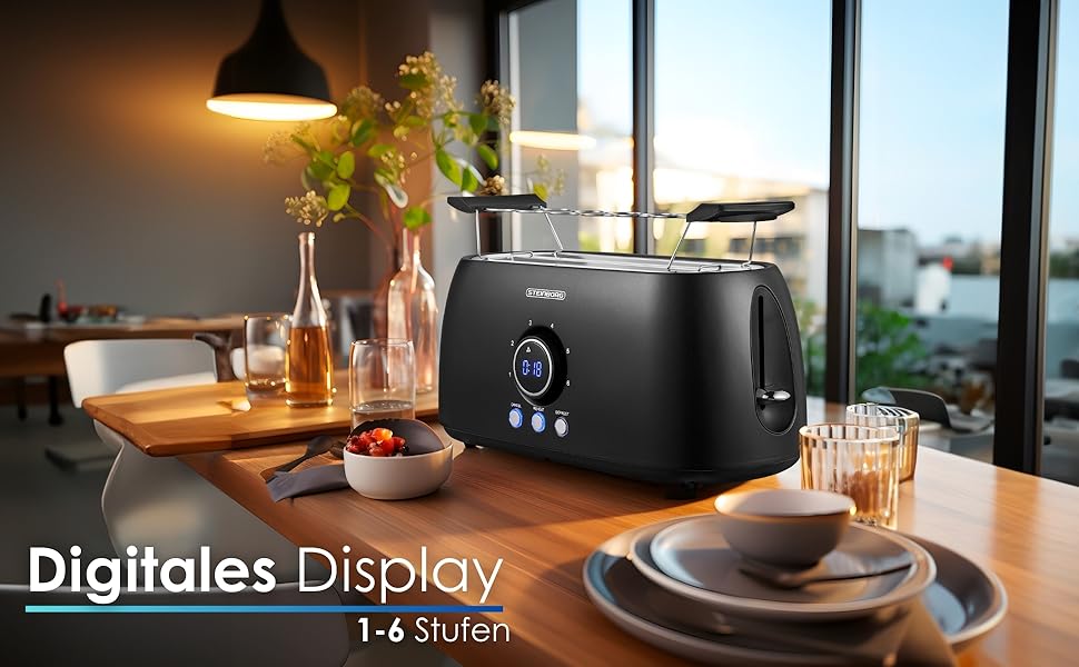 Тостер XXL з 4-ма відділеннями та підставою для бургерів | Чорний колір | Цифровий дисплей | Автоматичне вимкнення